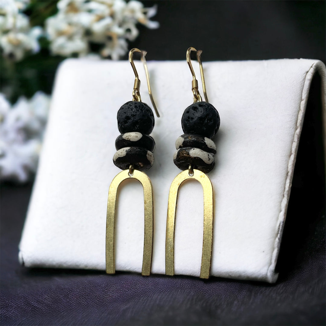 Lava + Bone Bead w/ Brass arch Dangle Earrings