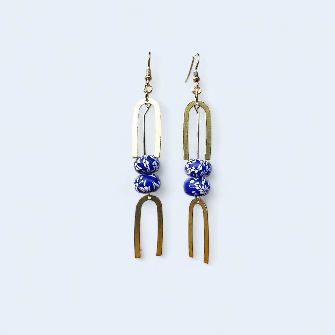 Blue + White Petal Rondelle Dangle Earrings