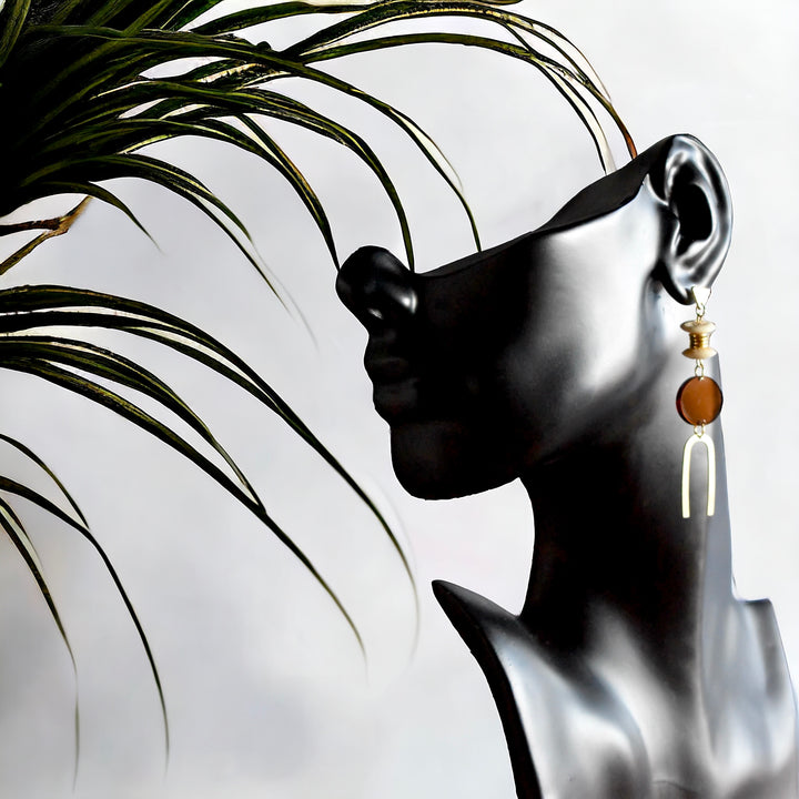 Bone+Brass+Amber Dangle Earrings -Circle