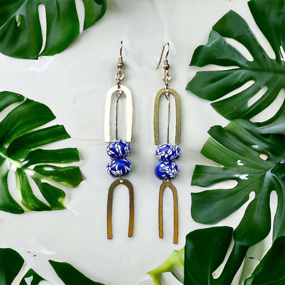 Blue + White Petal Rondelle Dangle Earrings