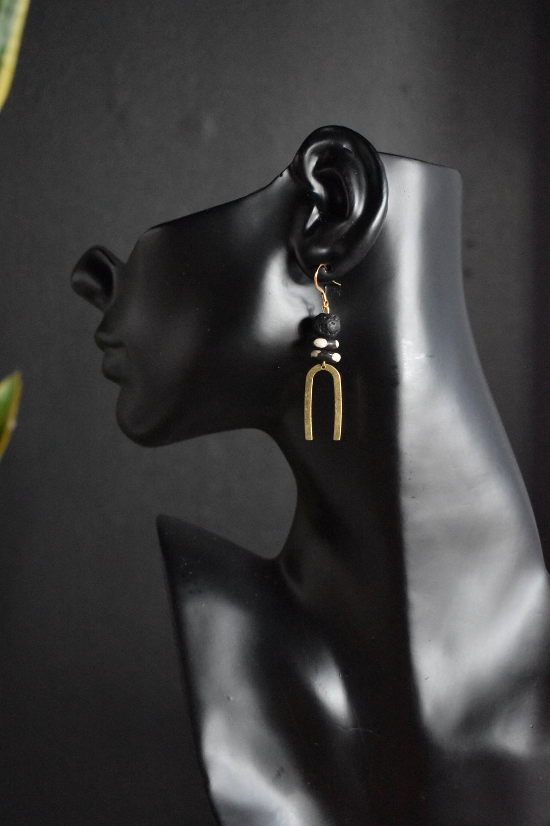 Lava + Bone Bead w/ Brass arch Dangle Earrings