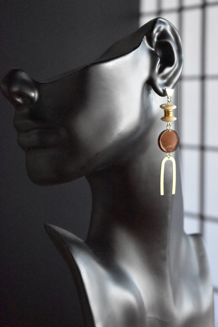 Bone+Brass+Amber Dangle Earrings -Circle